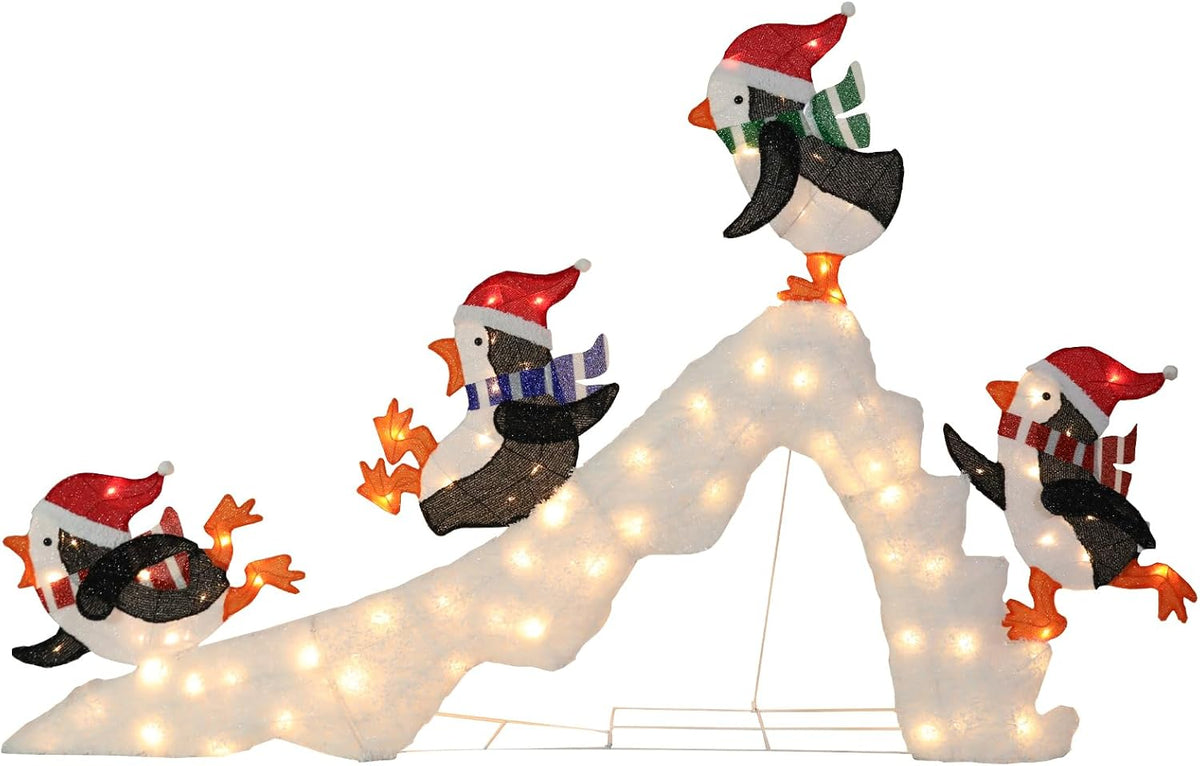 Chonsun 7 FT Lighted Christmas Penguin On Slide, Pre‑Lit Outdoor Yard Decor / Glittered Penguins On Slide W