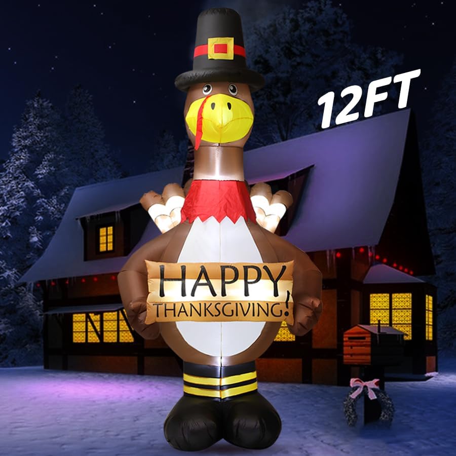 12FT Giant Blow Up Thanksgiving Inflatable Turkey Outdoor Decorations with LED Lighted, Autumn Pilgrim Hat