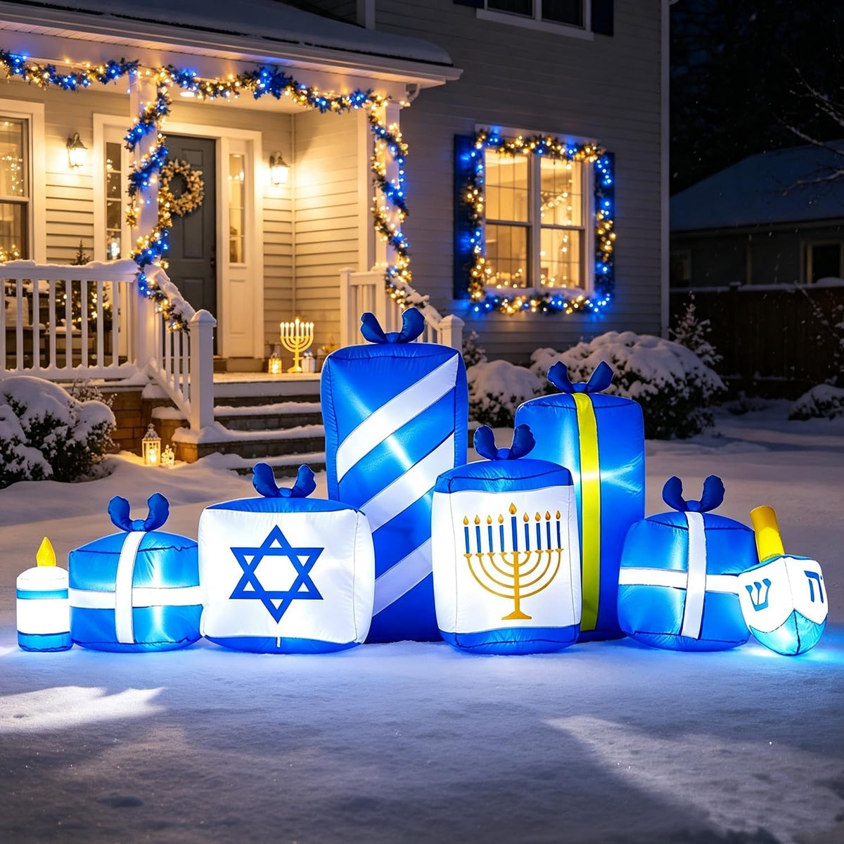 8FT Hanukkah Lighted Gift Box Inflatable Decorations Outdoor / with Menorah, Dreidel & Star of David,