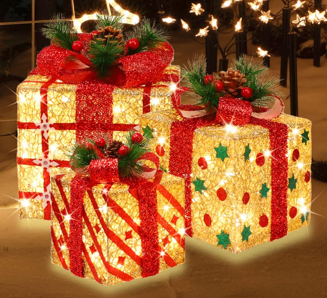 JUSTPRO [Ultra Large 15x13x10.5 Inches 3 Piece Lighted Gift Boxes Christmas Decorations with 91 Super-Bright