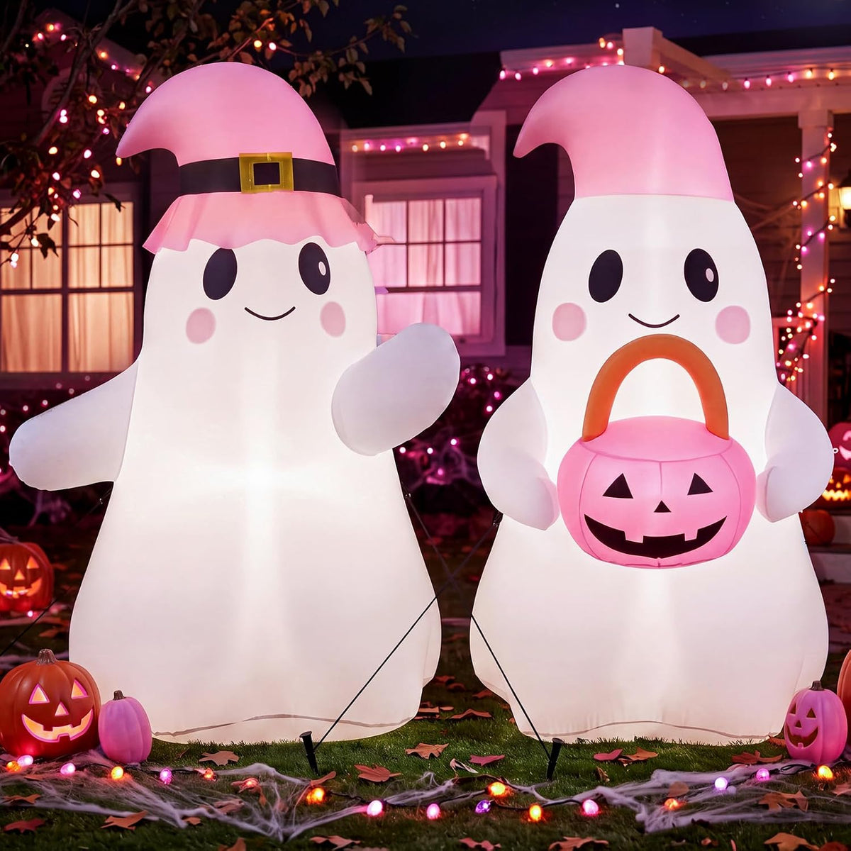 ZeahVeyora 2 Pack 5FT Pink Halloween Ghost Inflatable Outdoor Decoration / Pastel Pink Cute Ghost Blow up