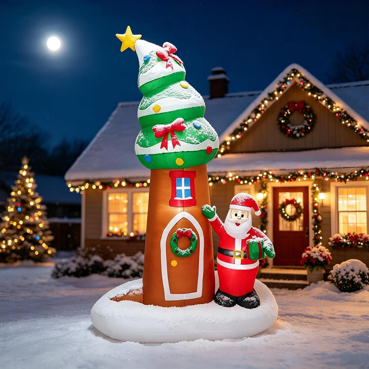 JPHUIDE Christmas Inflatable Decoration 9FT Tree House with Santa Claus in the Snow Blow Up Christmas