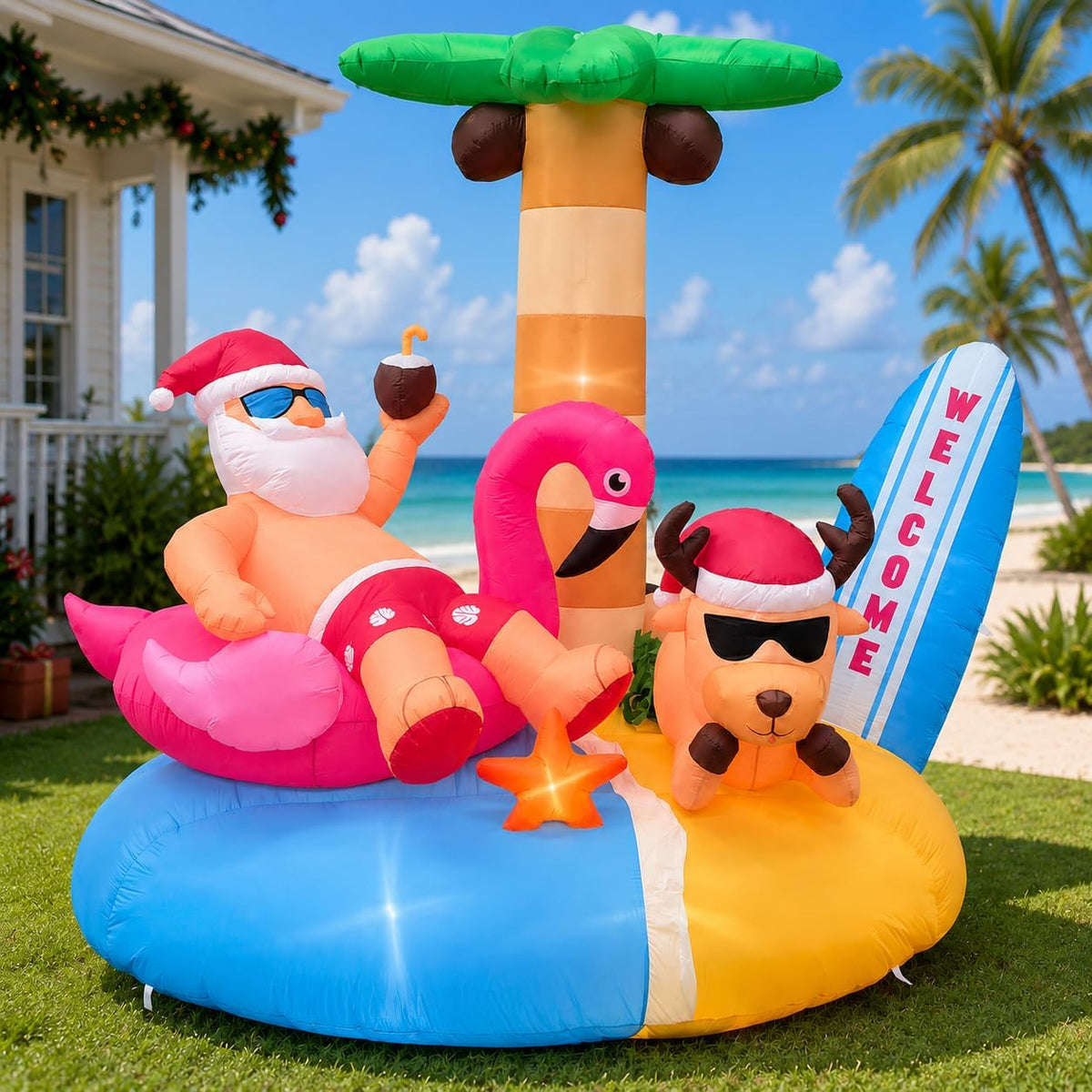 6.8FT Christmas in July Inflatable Santa on Flamingo Float, Hawaiian Beach Santa Blow Up Yard Decoration with