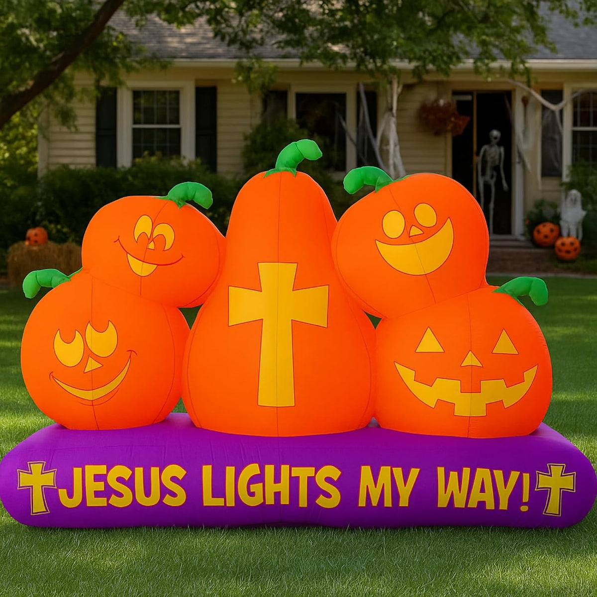 Chivao 5 ft Halloween Christian Inflatable Pumpkins Decoration for Outdoor Jesus Lights My Way Inflatable P