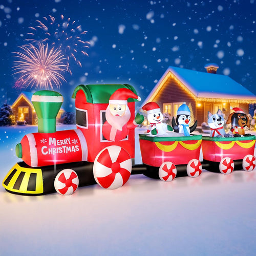 12 FT Christmas Inflatable Train with Santa Claus Holiday Decoration / Blow-Up Train with Snowman, Penguin &