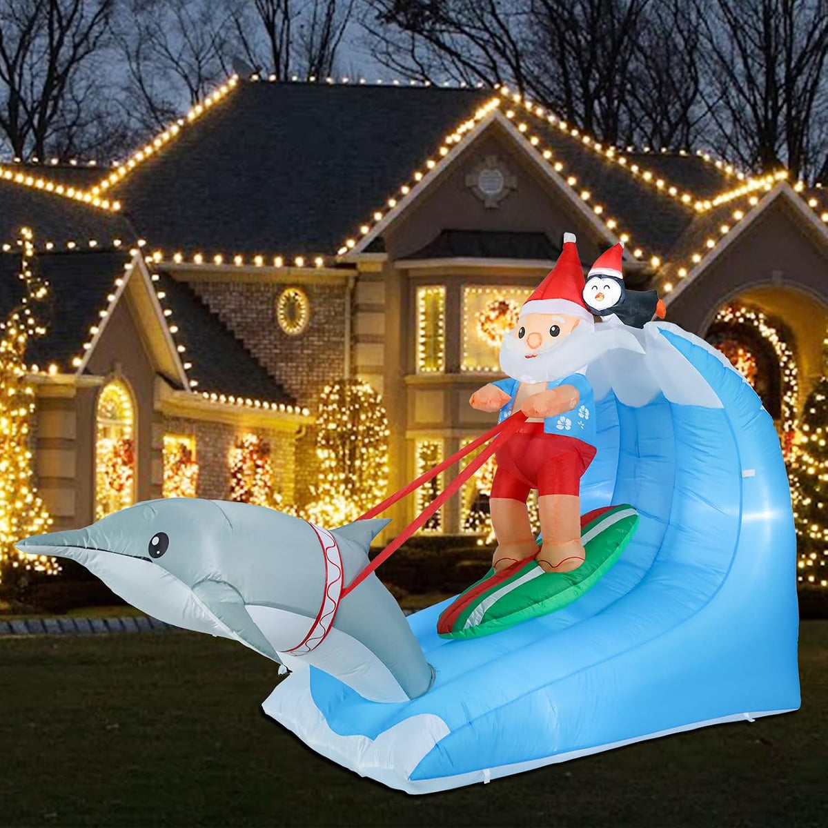MUMTOP 7.55FT Long Christmas Inflatables Outdoor Decorations, Inflatables Surfing Santa Claus with Penguin