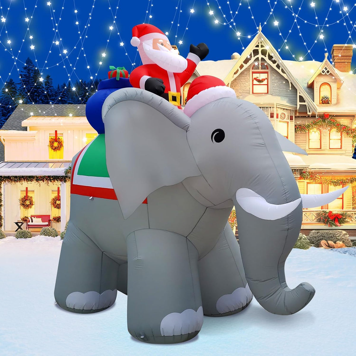 12FT Length X 10.5FT Tall Giant Christmas Inflatables Elephant, Christmas Blow Up Santa on Elephant