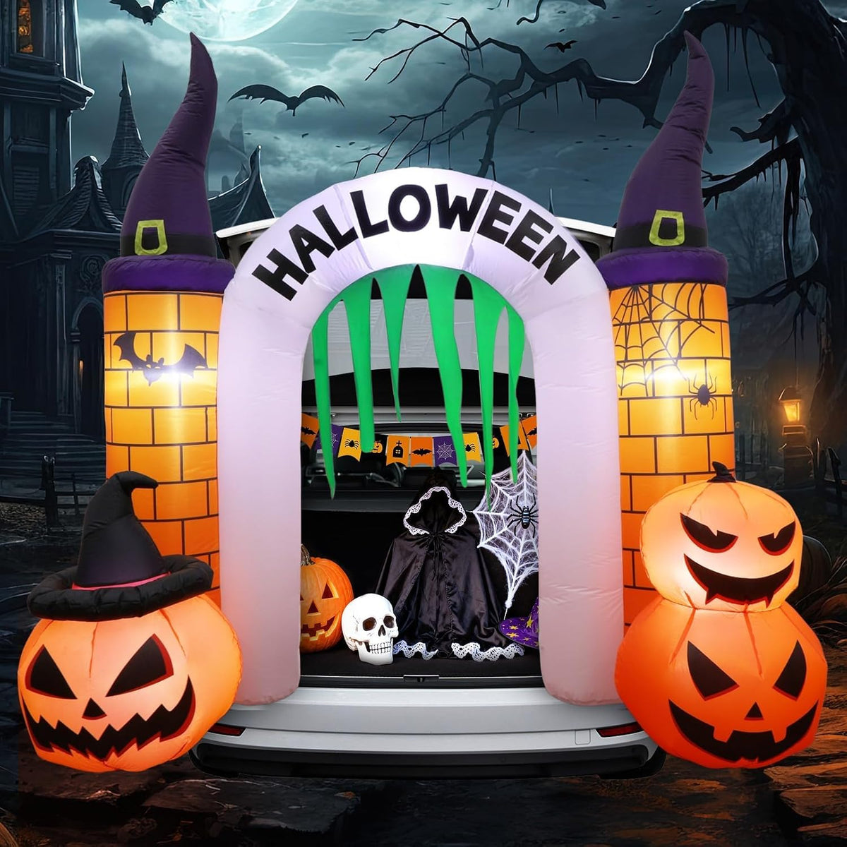 6 FT Halloween Inflatable Trunk or Treat Car Decorations Pumpkin Castle Arch Outdoor Decors Halloween Blow