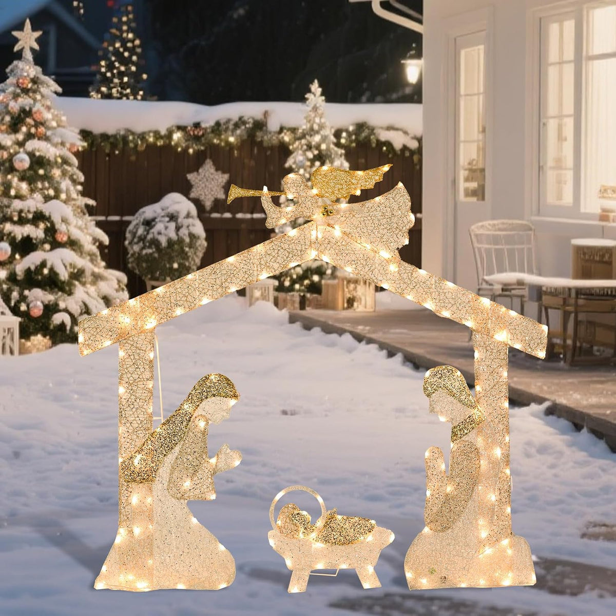 VCUTEKA 4.5FT Lighted Outdoor Christmas Nativity Scene Decoration, Elegant Jesus with Trumpet Angel and LED