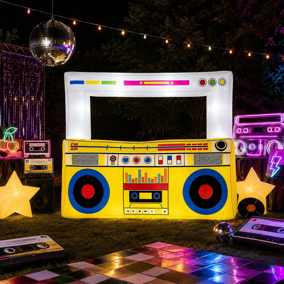 6x5Ft Inflatable Retro Boombox Prop, Built‑in LED Light for Disco Party / Durable Polyester Fabric, Quick