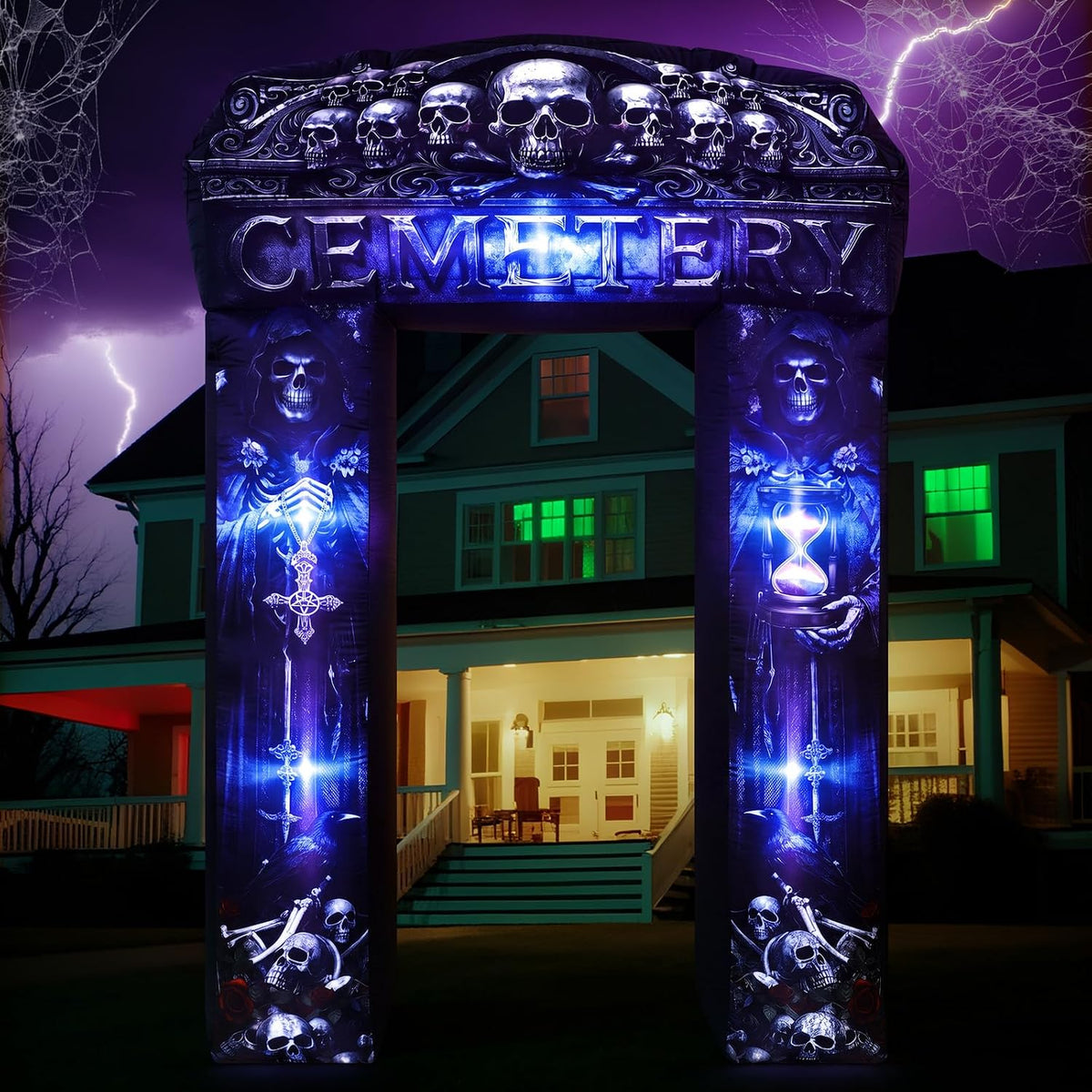 Leyndo 8 ft Inflatable Halloween Arch Decoration, Grim Reaper / Blow up Gothic Cemetery Archway Outdoor