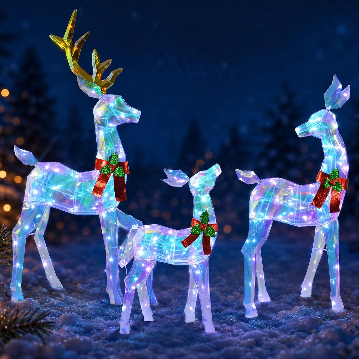 48" 3-Piece 2.5D Colorful Lighted Christmas Deer Family Outdoor Decorations, Clear-Look Reindeer Set with 145 Lights, Gold...