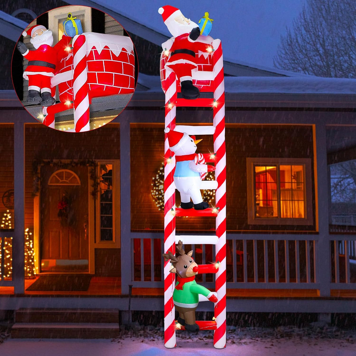 Joliyoou 10FT Christmas Inflatable Decoration, Ladder to Chimney / Giant Lighted, Climbed with Reindeer Santa
