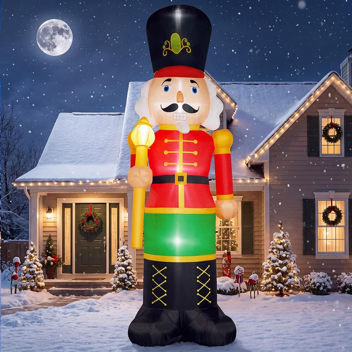 14FT Nutcracker Christmas Inflatables Outdoor, 5 White LEDs Giant Blow Up Christmas Decoration with Dual
