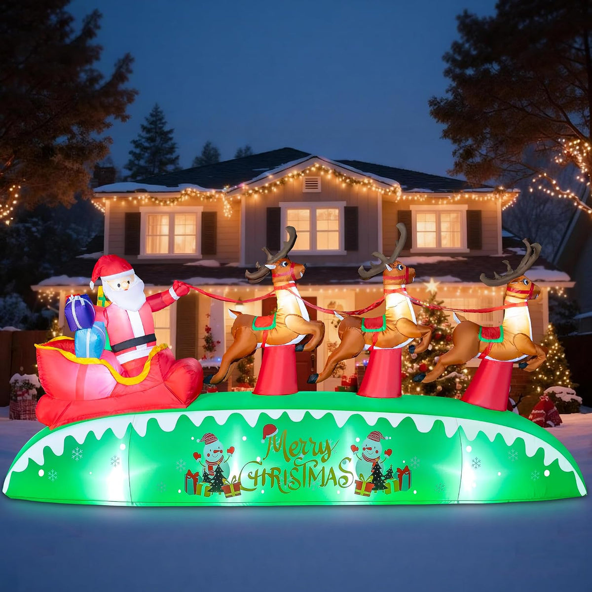 12FT Long Christmas Inflatables Outdoor Decorations / Giant Blow Up Yard Decorations Santa Sleigh and