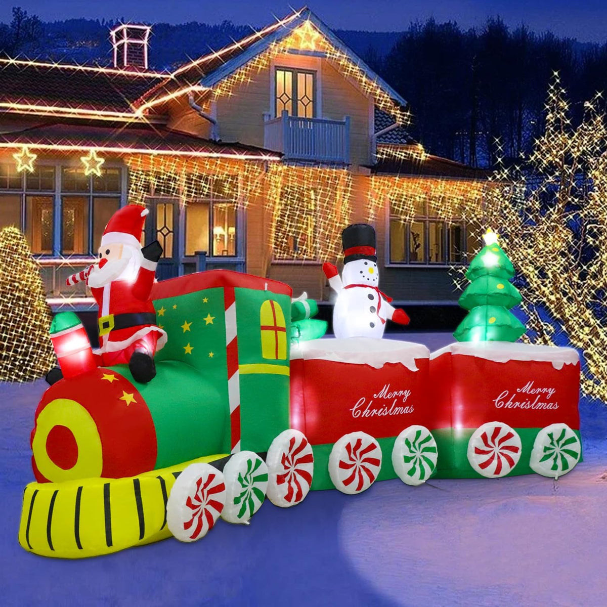 Aixuler 11 FT Christmas Inflatable Train Decoration with Santa Claus, Red & Green, Multicolor LED Lights,