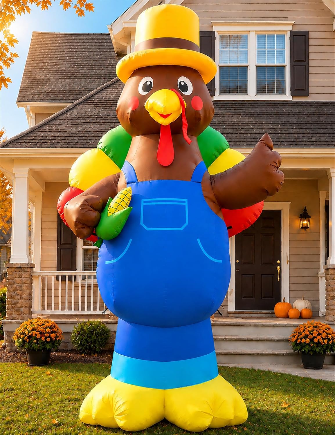 14 FT Giant Thanksgiving Inflatable Turkey with LED Lights, Outdoor Fall Blow Up Yard Decoration with Farmer
