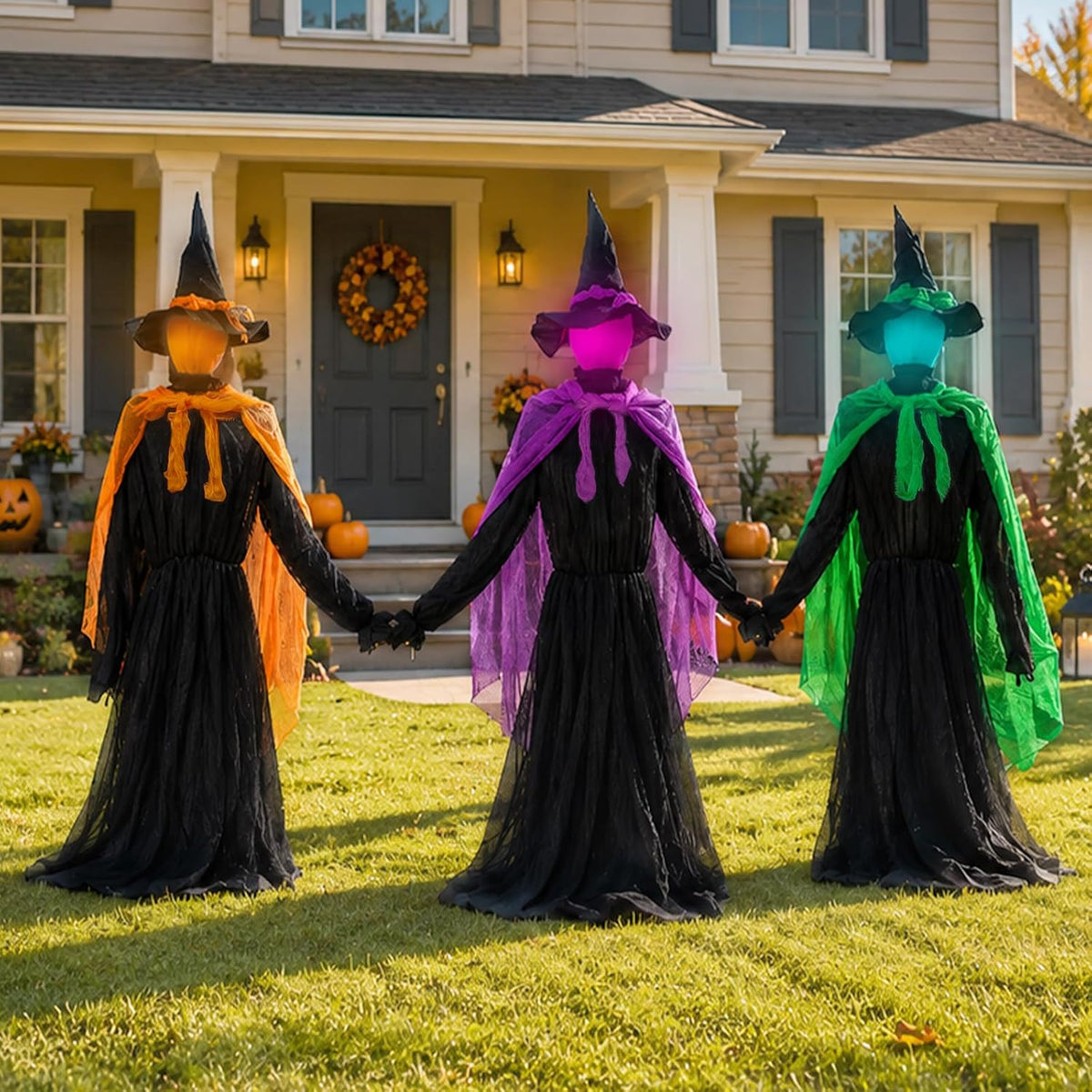 Halloween Decorations Outdoor, Set of 3 Witches with Colorful Cloaks / 5FT Light-UP Sound-Activated Sensor