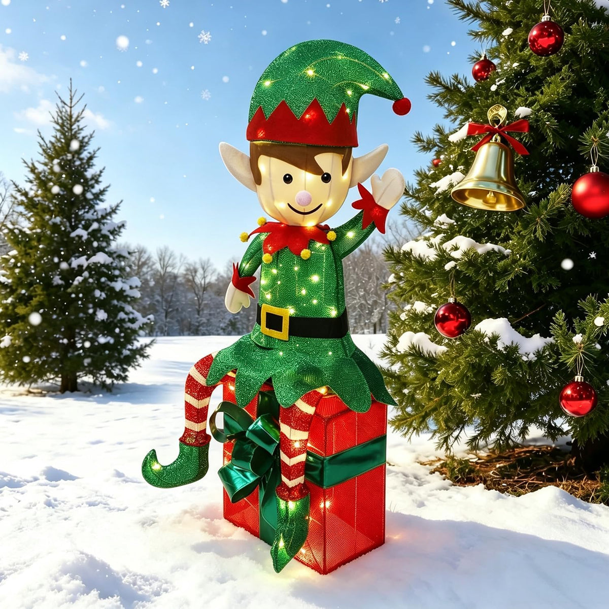 Hausse Lighted Christmas Outdoor Decor, 39.5" Height Pre-Lit 3D Tinsel Xmas Green Elf Figure Sitting Gift Box, Light Up Xm...