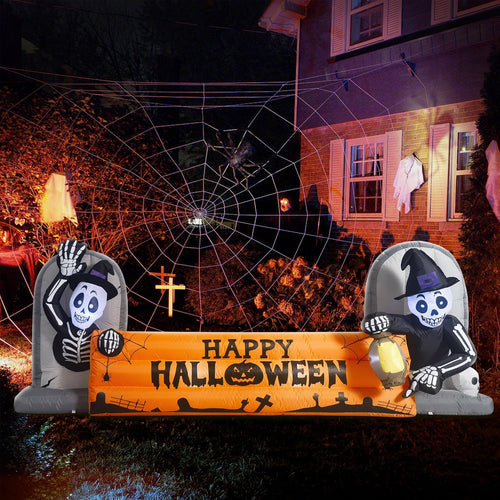 10FT Large Halloween Inflatable Decorations Skeleton Tombstone Banner, Build-in LED Lights Holiday Blow Up