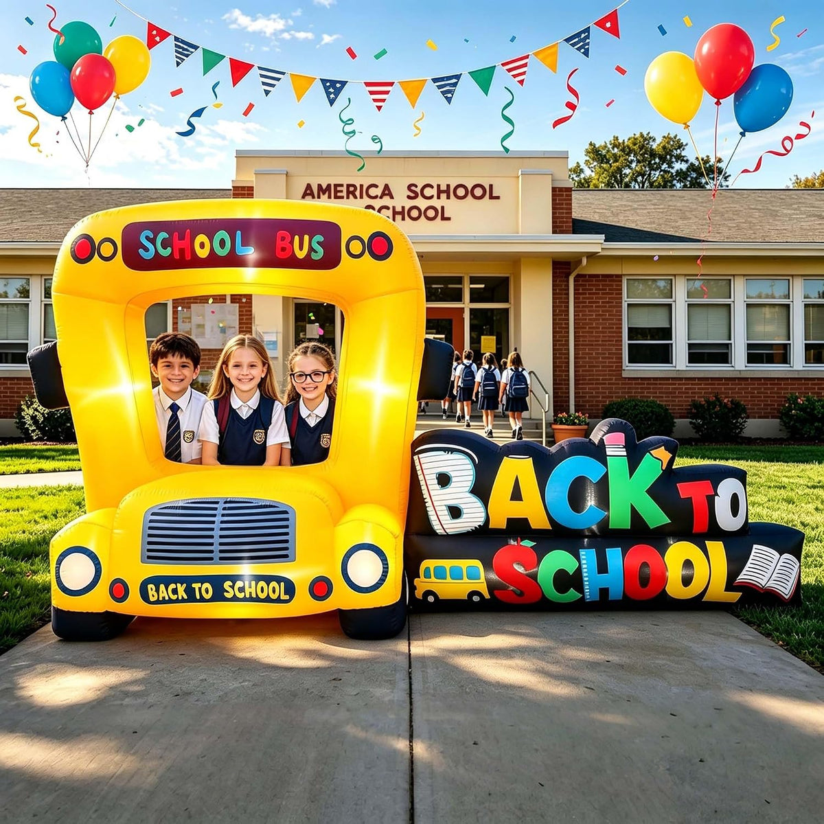 SEASONBLOW 10 Ft Back to School Inflatables School Bus Photo Booth Decor / LED Lights Blow Up Welcome Back to