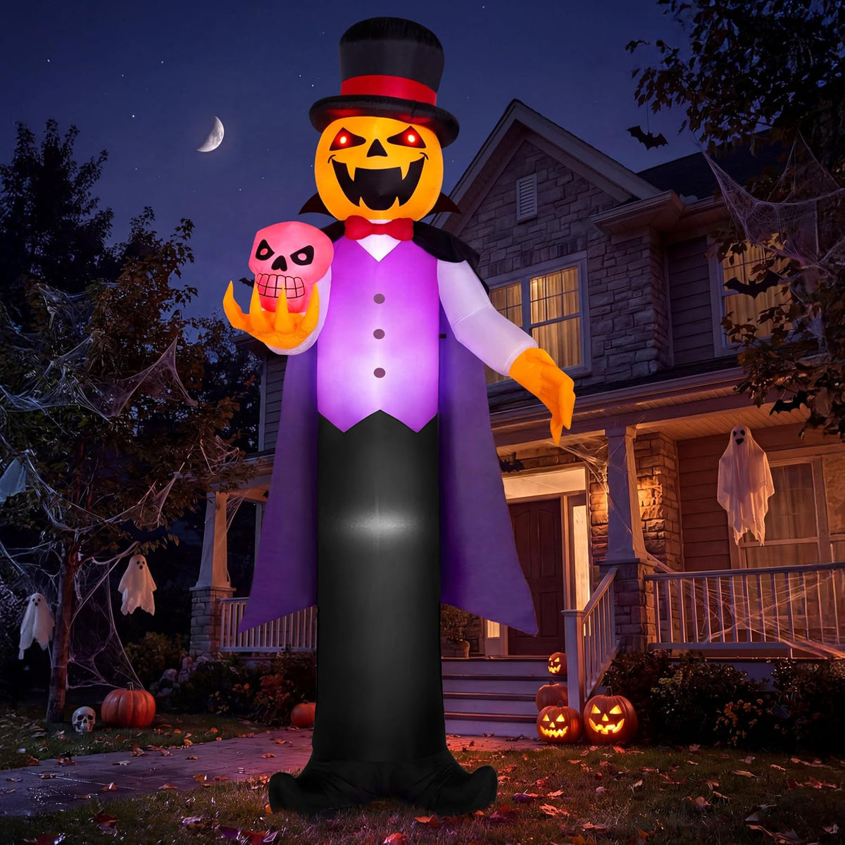 Joiedomi 12FT Giant Halloween Inflatable Pumpkin Ghost Vampire with Skull, Halloween Blow Up Gentleman Ghost