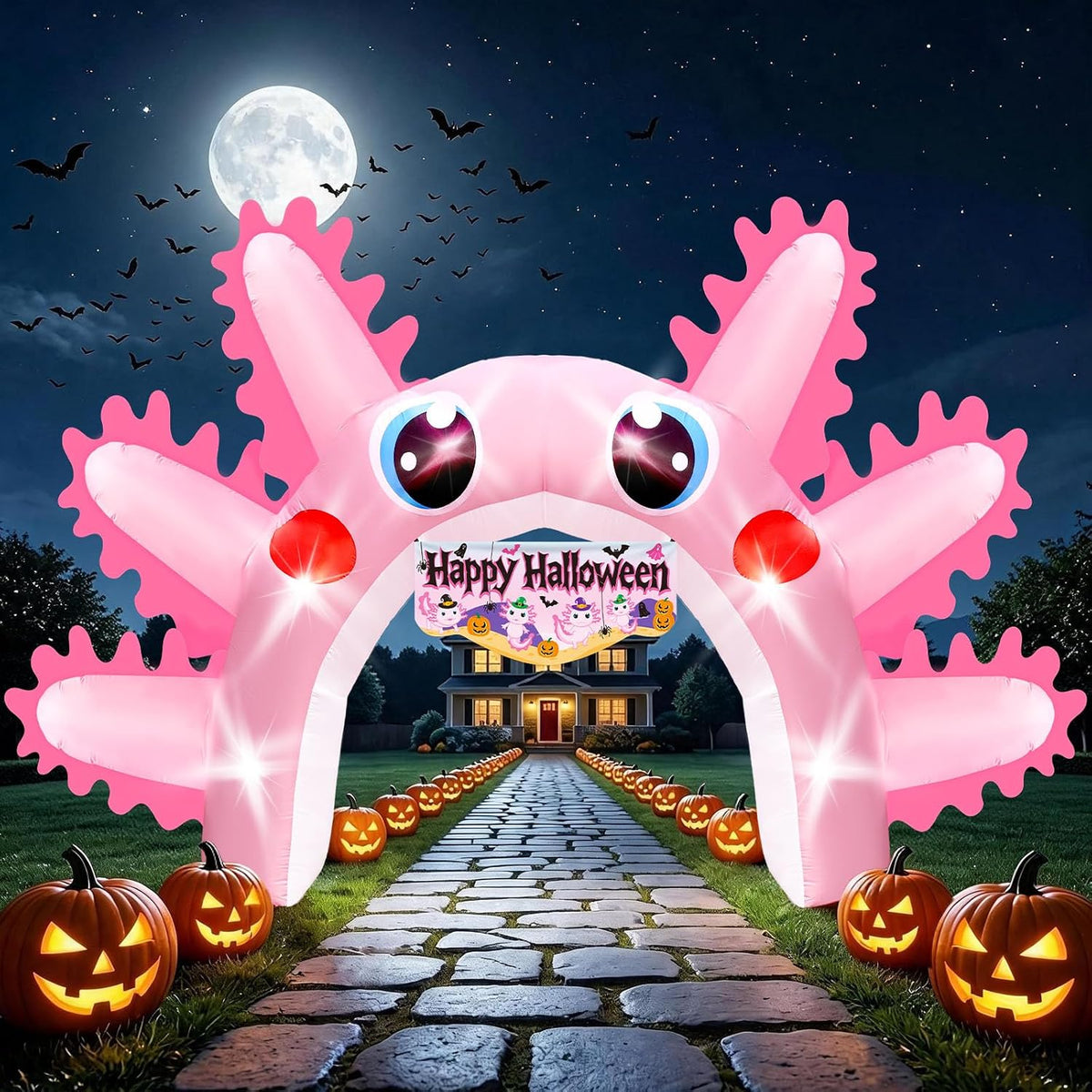 16FT Giant Halloween Axolotl Inflatable Arch Outdoor Yard Decorations / Blow Up Pink Archway for Birthday