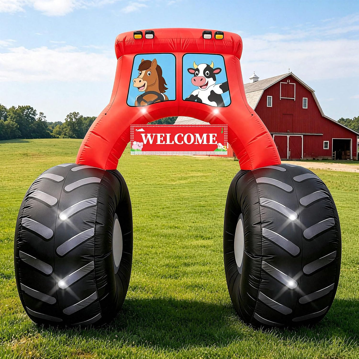 8FT Inflatable Farm Animals Arch Outdoor Decorations Giant Blow Up Tractor with Cow Horse, Built-in 6 LED