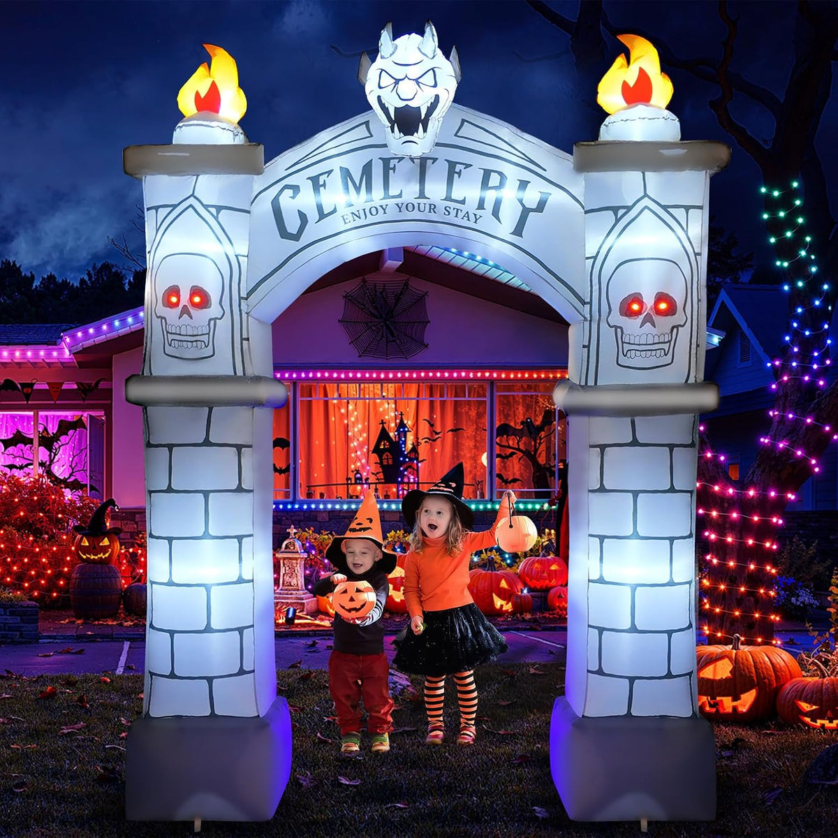 FOURDOPLI 9.5FT Halloween Inflatable Archway, Giant Blow up Arch Yard Decorations with Skeleton, CEMETERY,