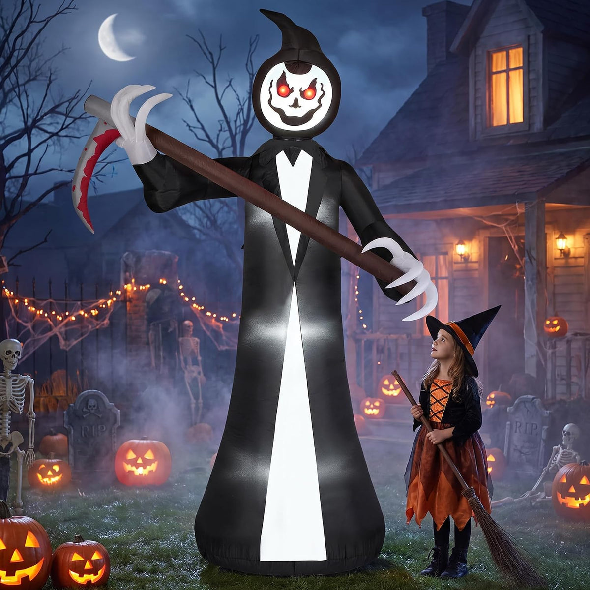 10FT Halloween Inflatable Outdoor, Animated Grim Reaper with Rotating Head / Flashing Red Eyes, Light-Up Body