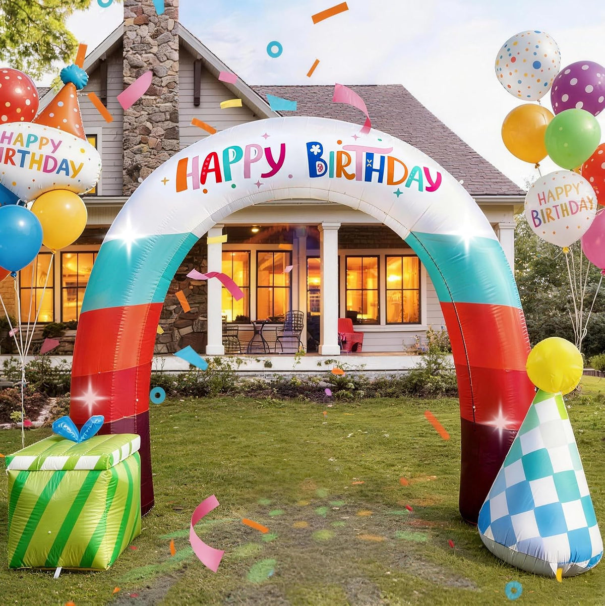 12FT Inflatable Birthday Arch with Gift Box and Party Hat,Arch Blow up Outdoor Decoration with Built-in Fan