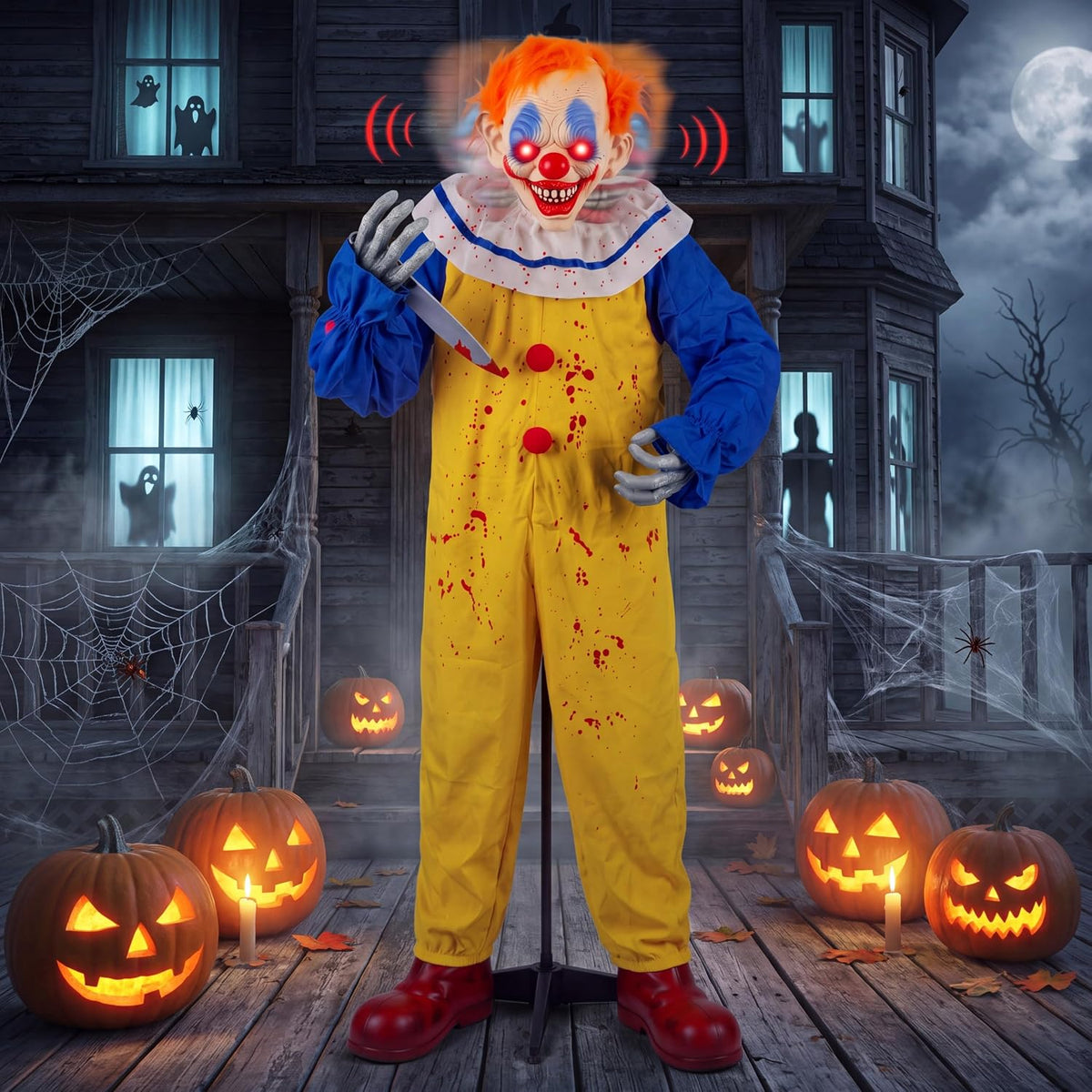 Soulchen 5.6 ft Halloween Animatronic Clown, Lifesize Prop Sound Activated / Glowing Eyes Moving Arms Sound
