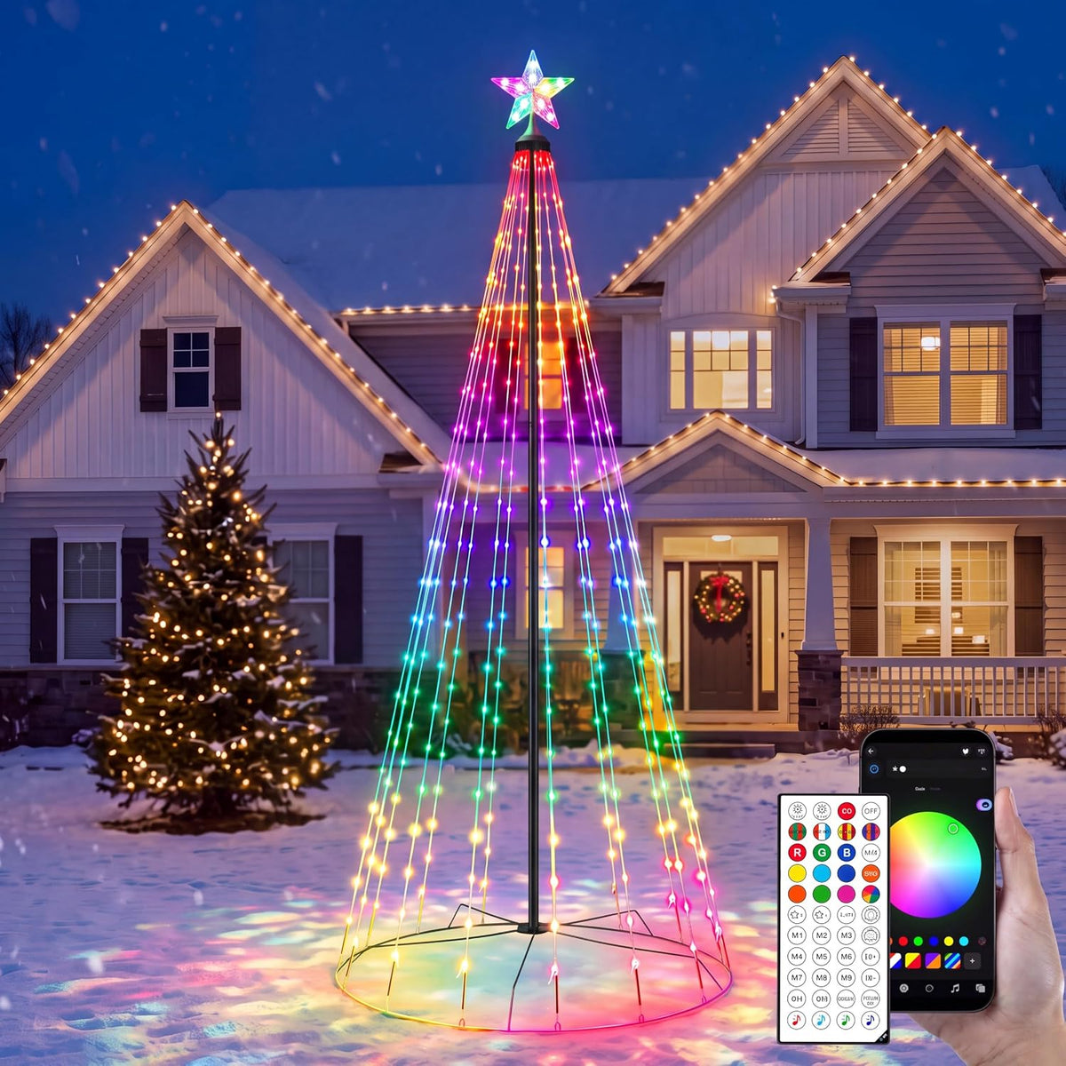 JOYIN 8FT RGB Cone Christmas Tree Lights with APP Multicolor Lighted Outdoor Decor, Plastic Iron Frame, 16M